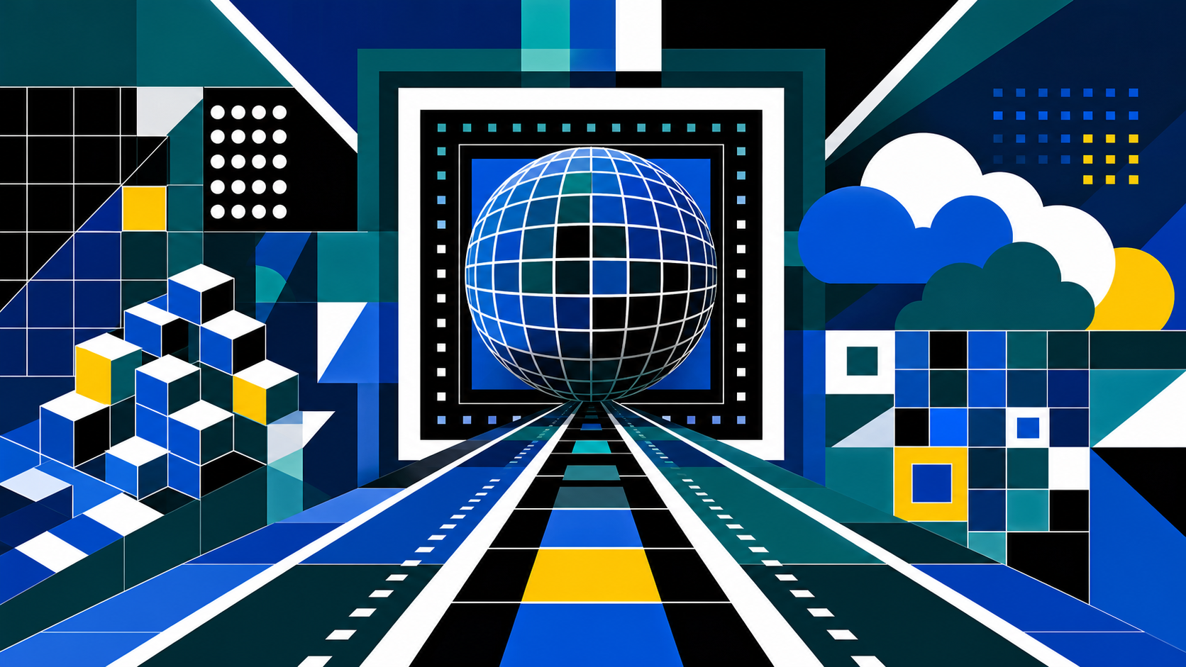 Victor Vasarely style geometric runner lanes, cloud forms, and optical grid composition for a RunnerDock operating report